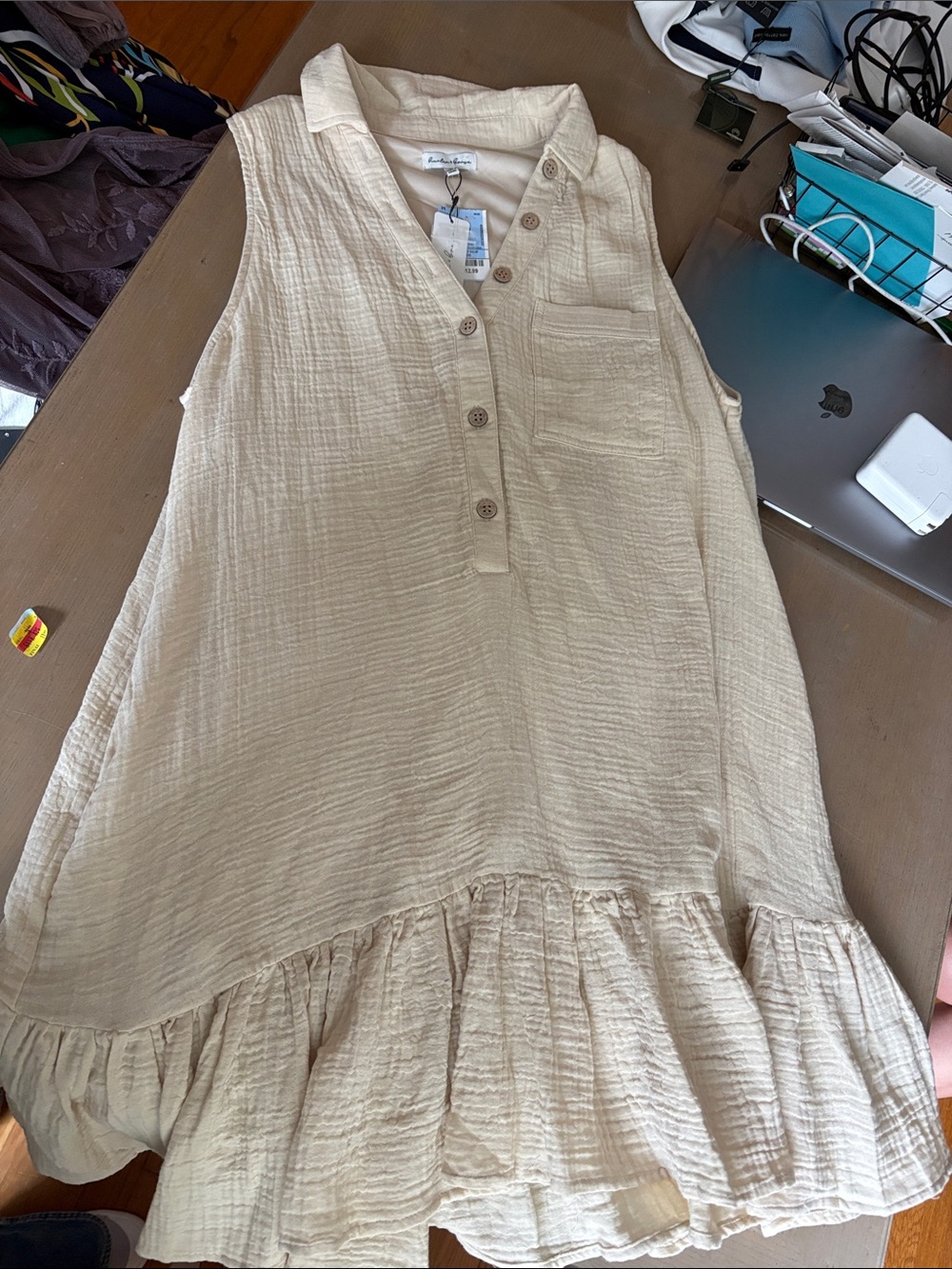 Sleeveless Cream Ruffle-Hem Kids Dress with Button Placket